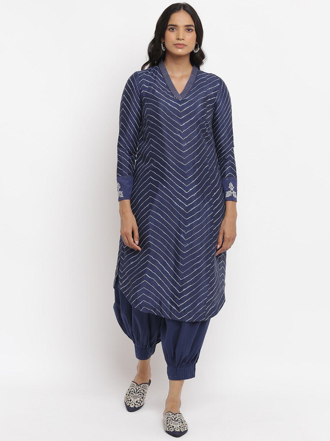 w the folksong collection women blue striped thread work kurta