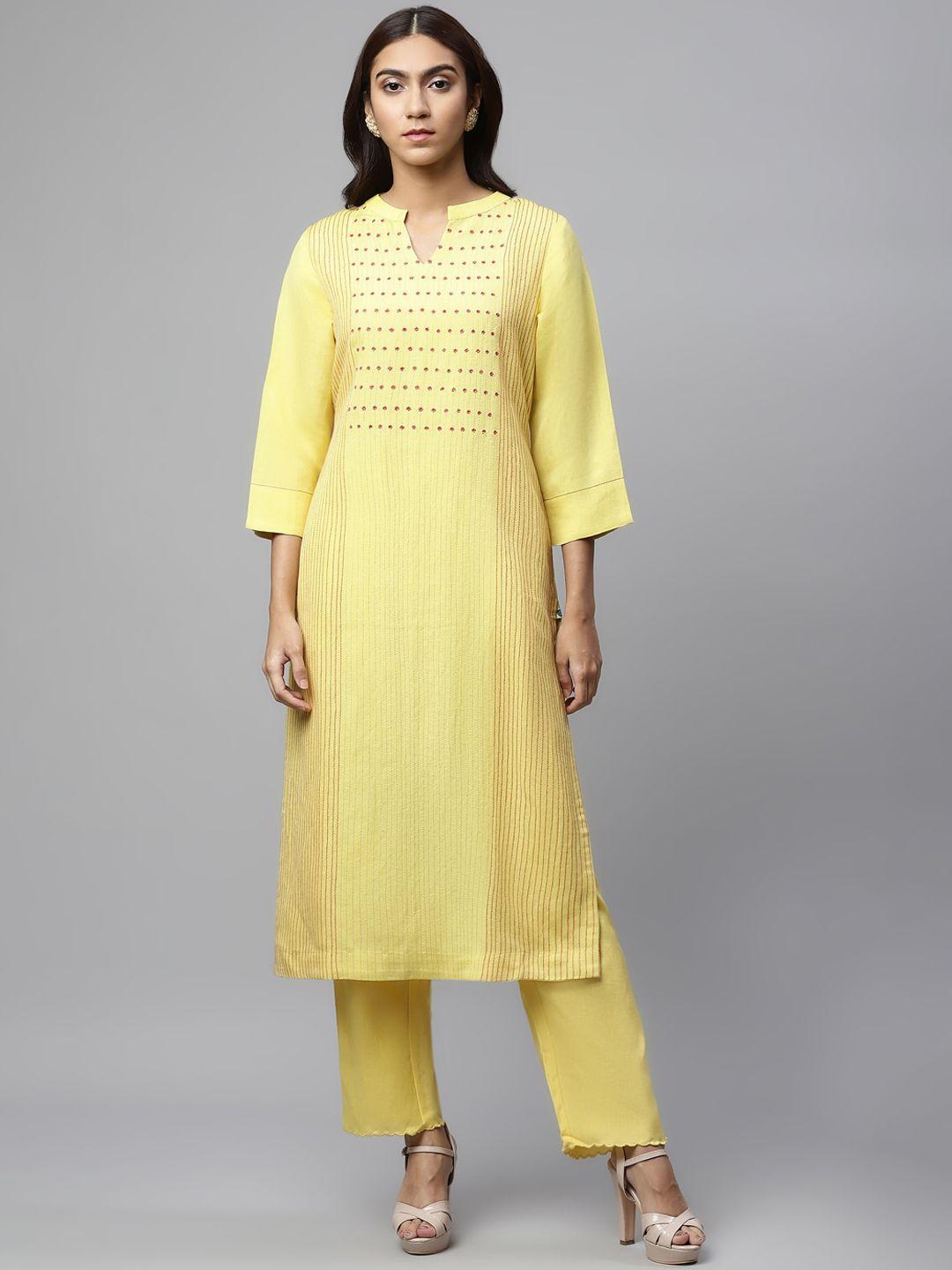 linen club woman women mustard yellow ethnic motifs embroidered thread work sustainable kurta