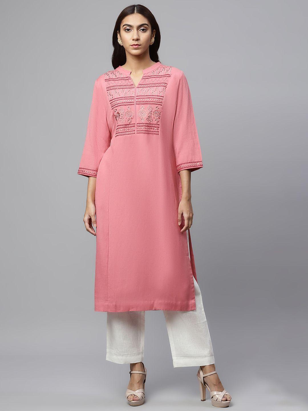 linen club woman pink yoke design mirror work kurta