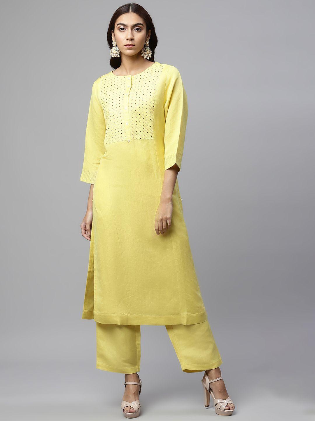 linen club woman women mustard yellow embroidered linen kurta with palazzos