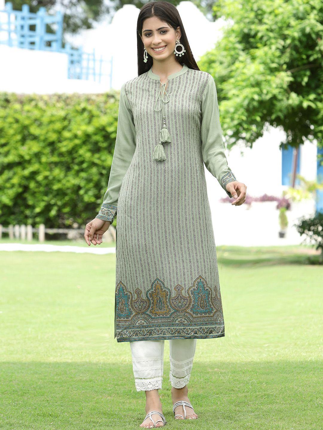 juniper women green ethnic motifs printed thread work kurta