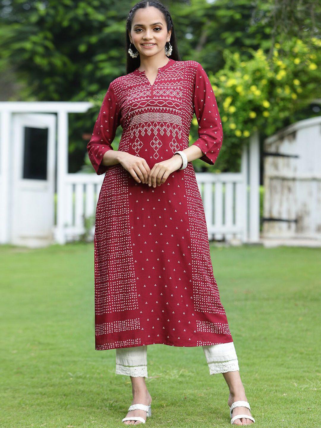 juniper women maroon geometric embroidered keyhole neck flared sleeves mirror work anarkali kurta