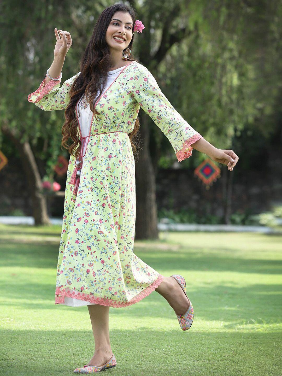 juniper women green floral printed flared sleeves kurta