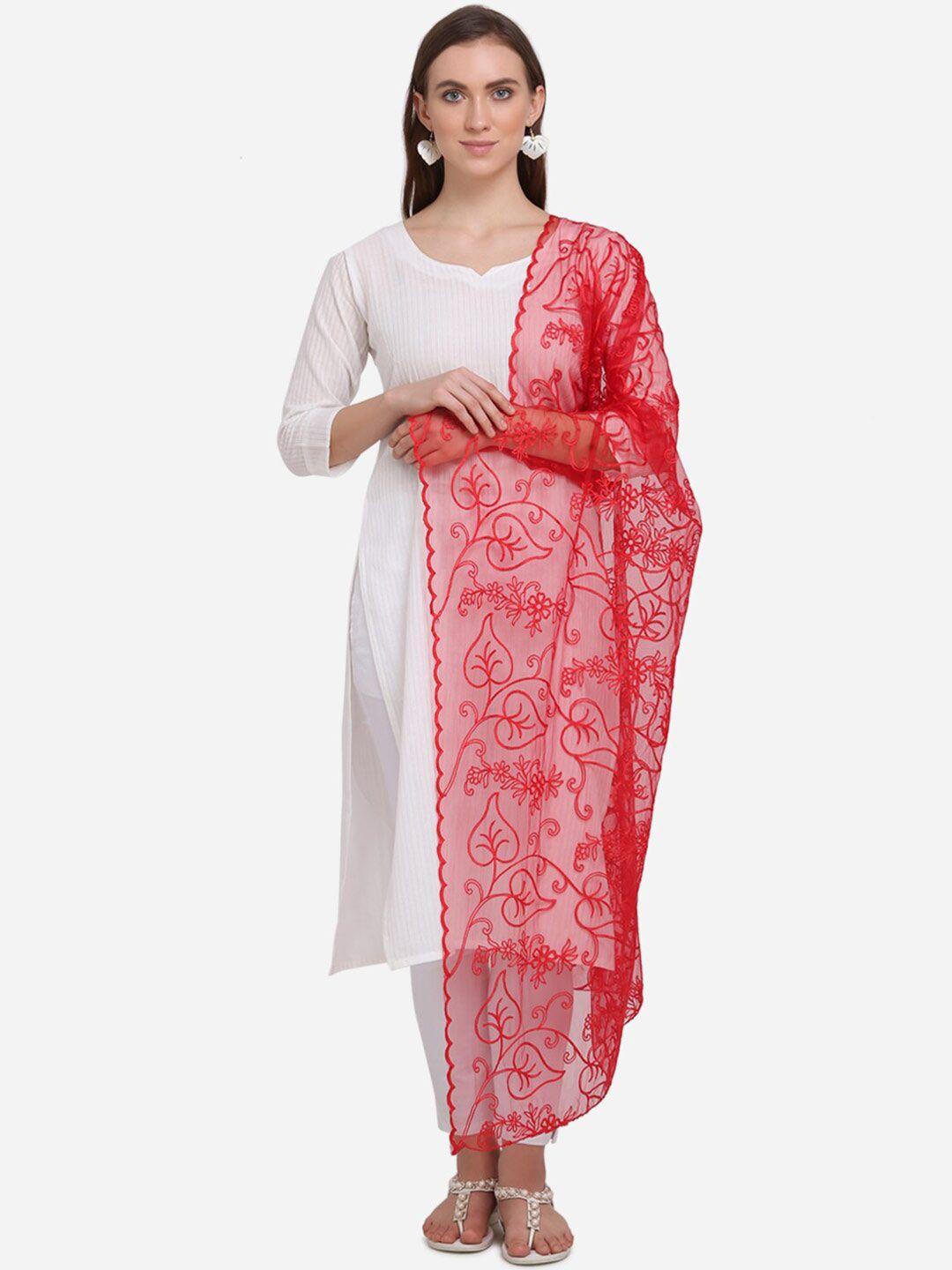 mf red embroidered dupatta with thread work