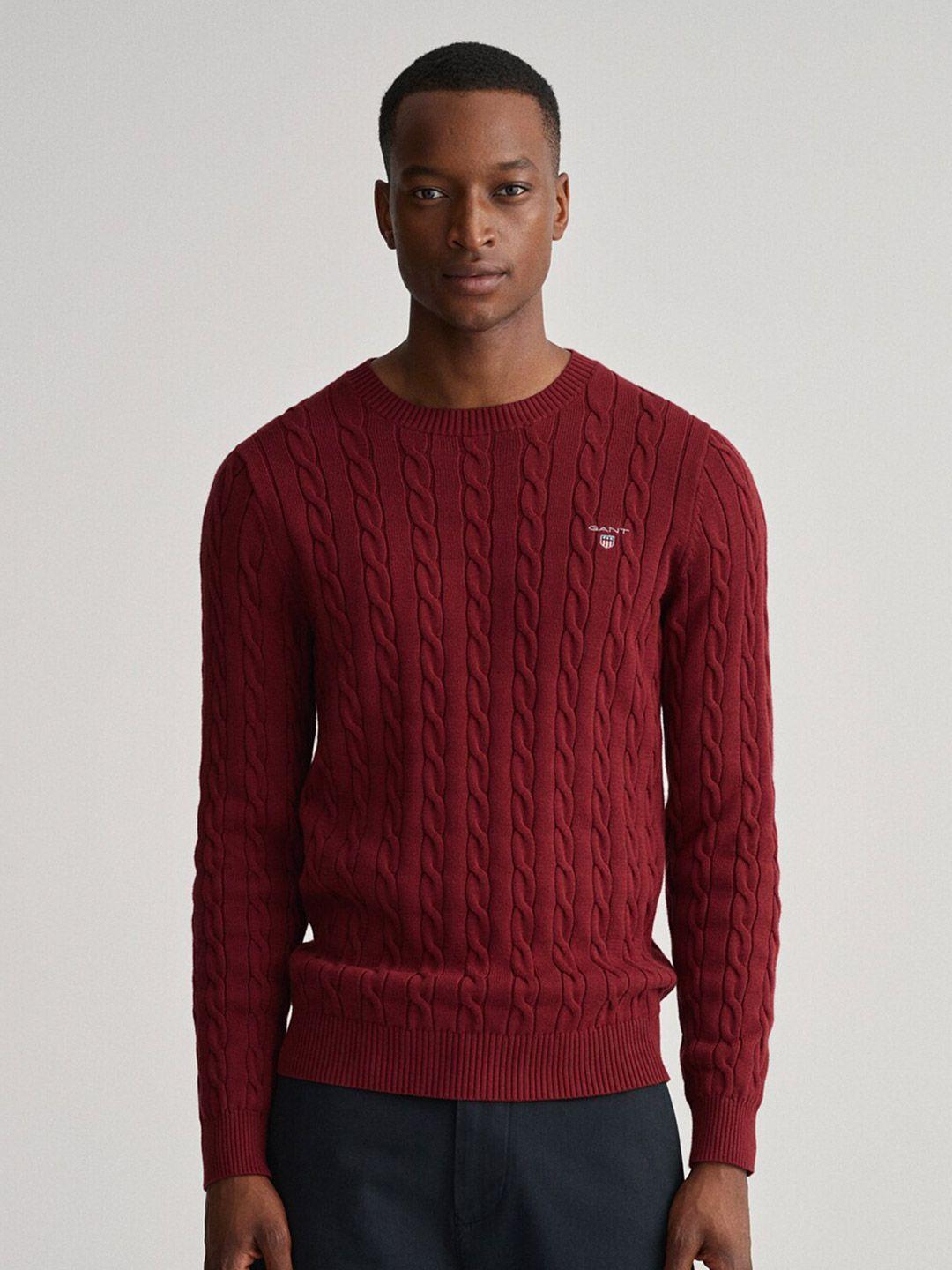 gant men red solid regular fit cable knit long sleeves  pullover