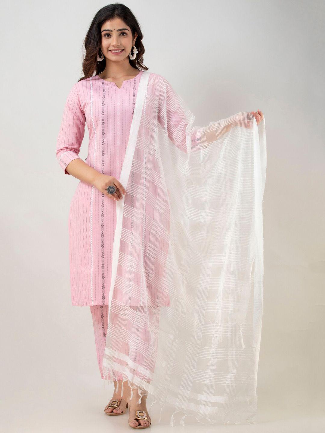 charu women pink striped kurti with trousers & with dupatta