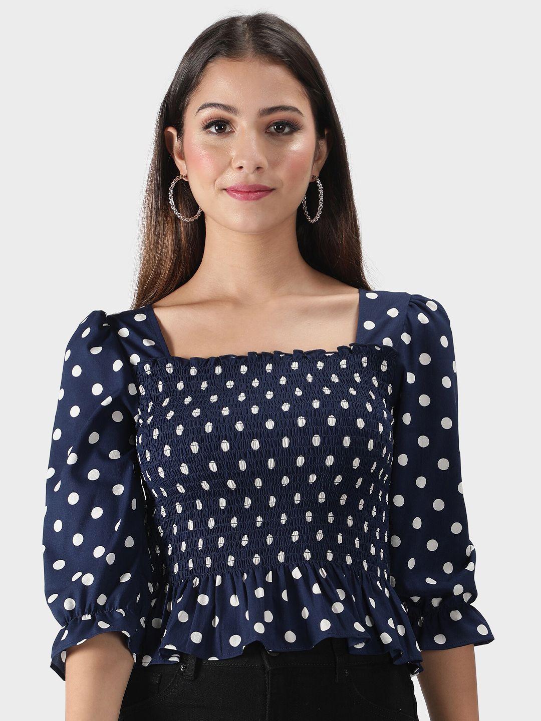 debonatella navy blue polka print smocked crepe top