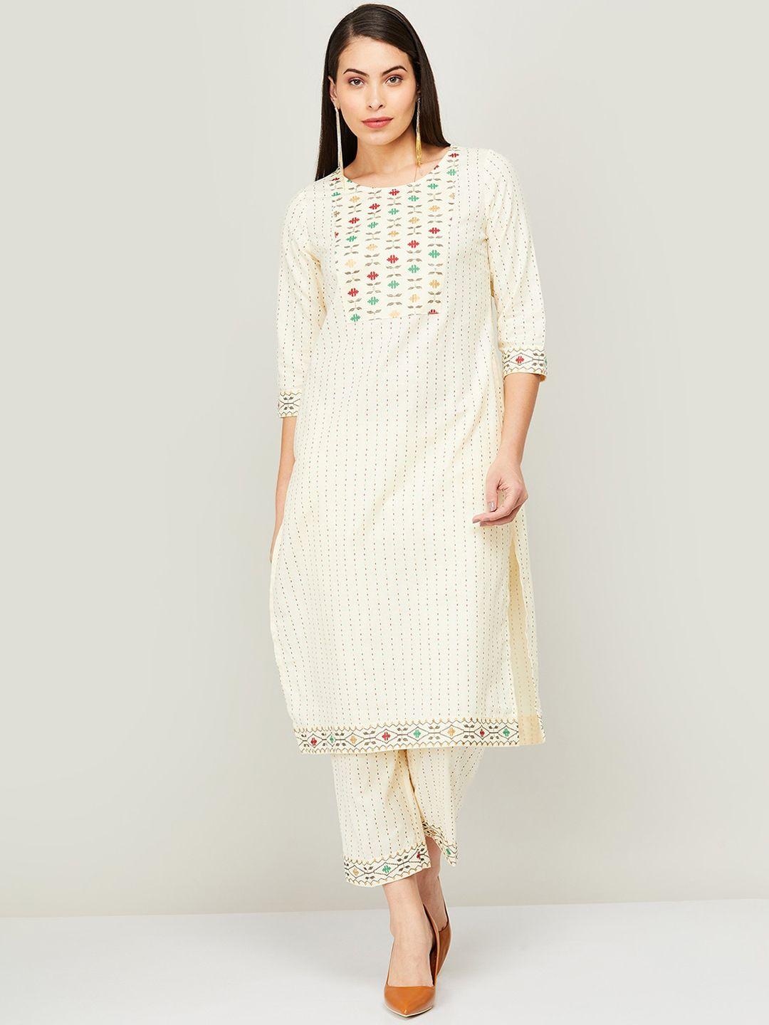 melange by lifestyle women off white yoke design pure cotton kurta with trousers