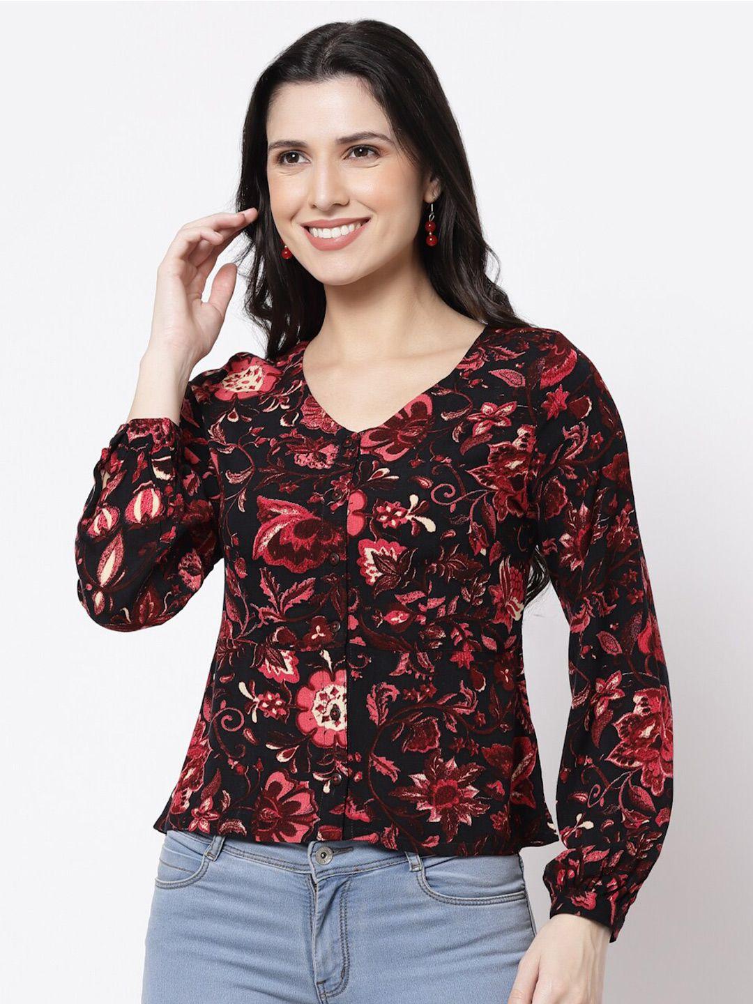 bellamia black & red floral print v neck shirt style top