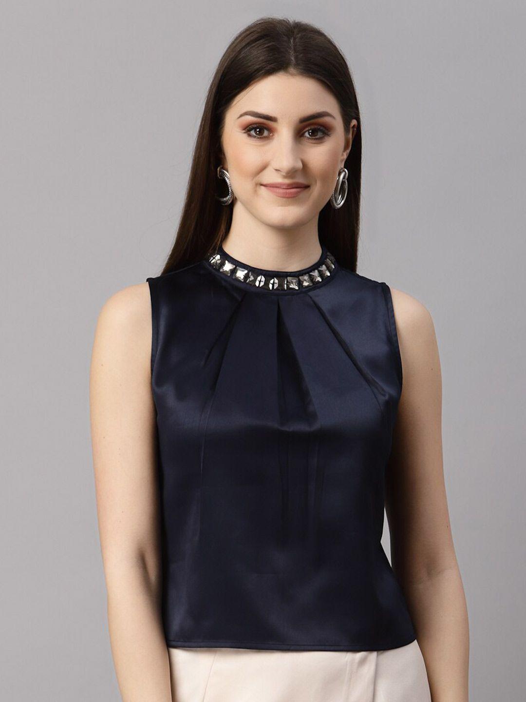 neudis women navy blue embellished satin top