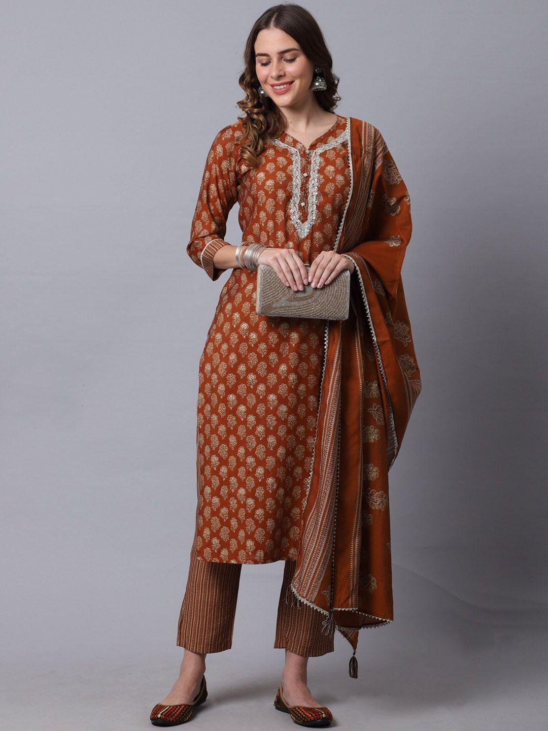 rajnandini women orange ethnic motifs pure cotton kurta with trousers & with dupatta