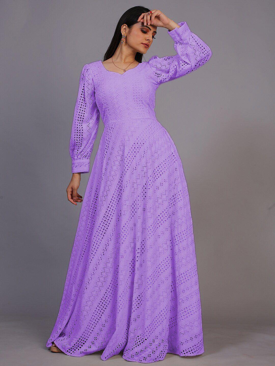 prenea women bishop sleeved lavender maxi schiffli dress