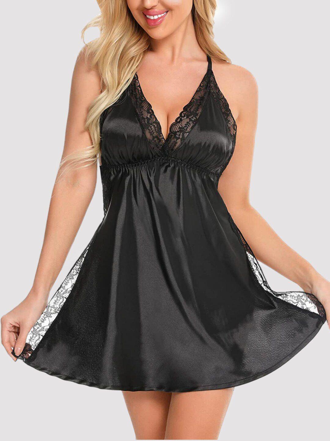 phwoar women black solid satin baby doll