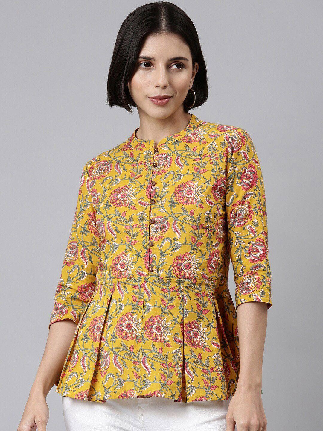 malhaar women yellow floral print mandarin collar empire top