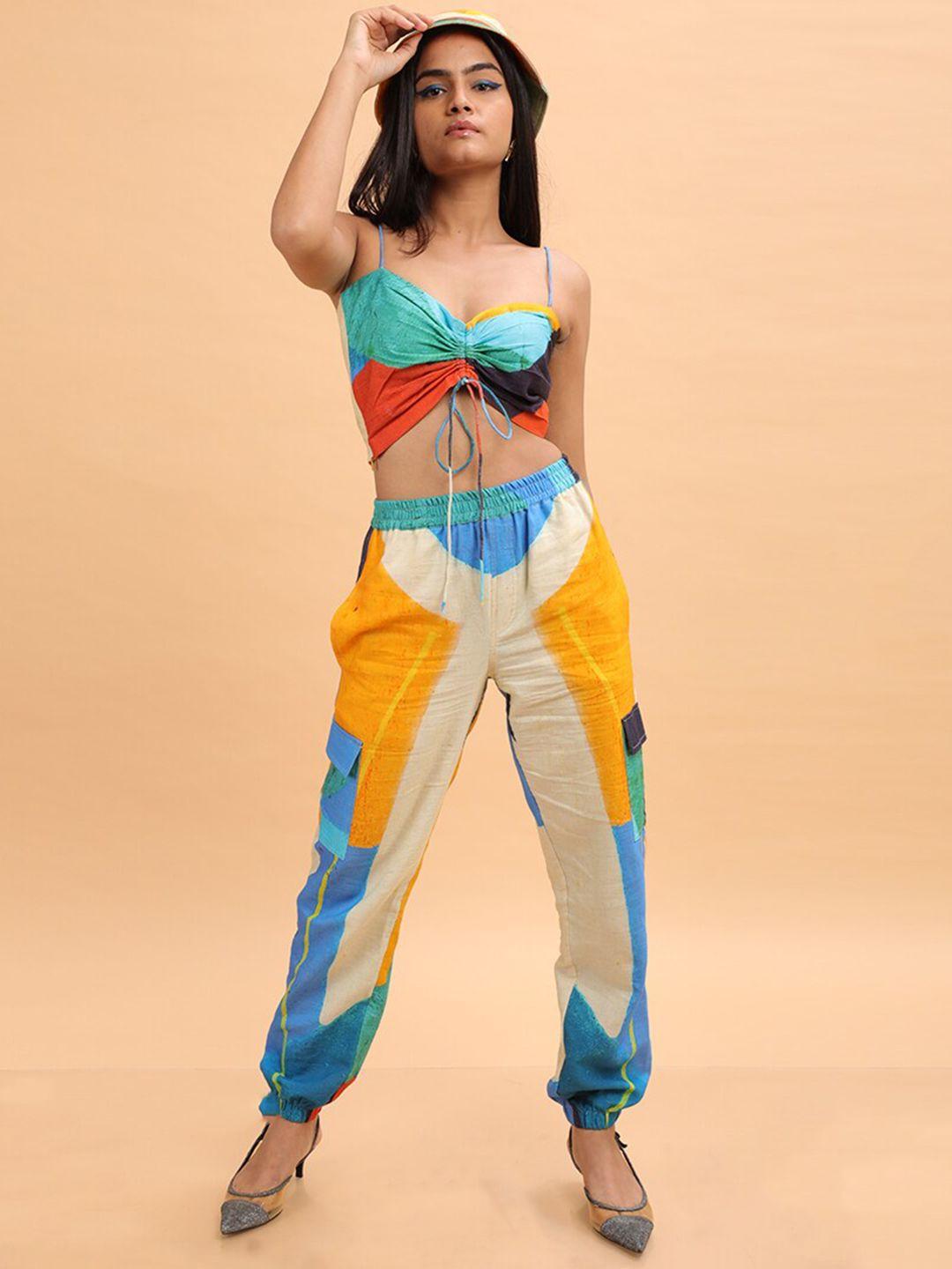 missy yellow & blue print shoulder straps cubist  crop top