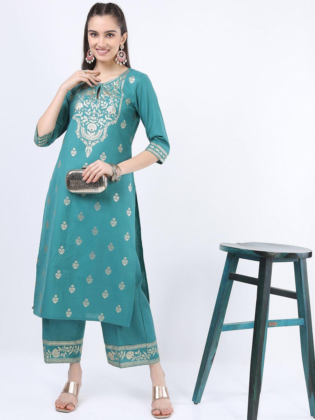 ketch women green printed kurta with palazzos