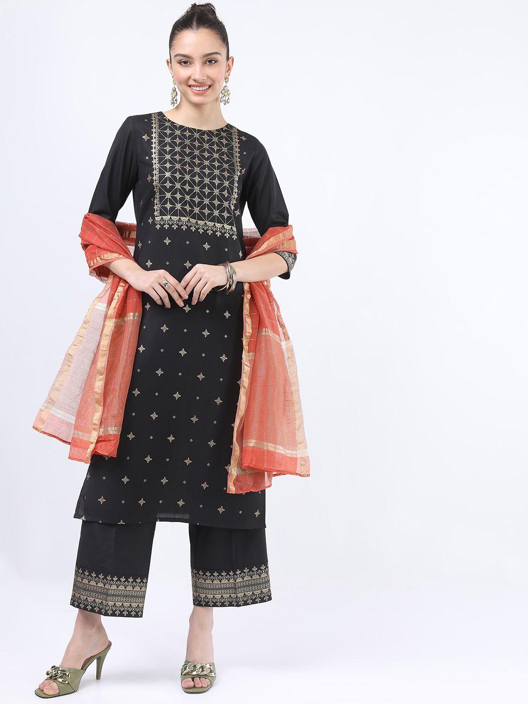 ketch women black ethnic motifs printed kurta with palazzos & with dupatta