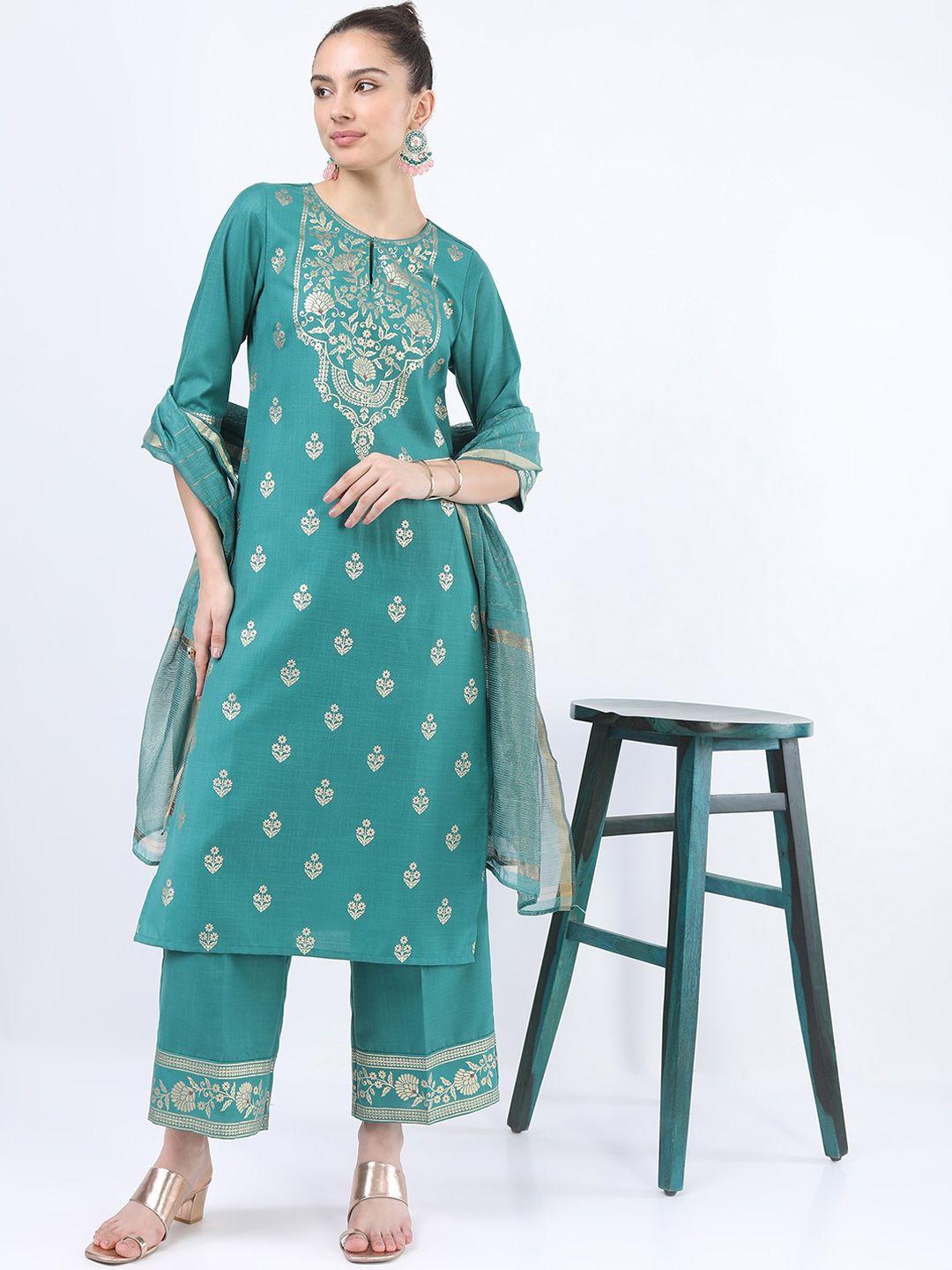 ketch women green ethnic motifs printed kurta with palazzo & with dupatta