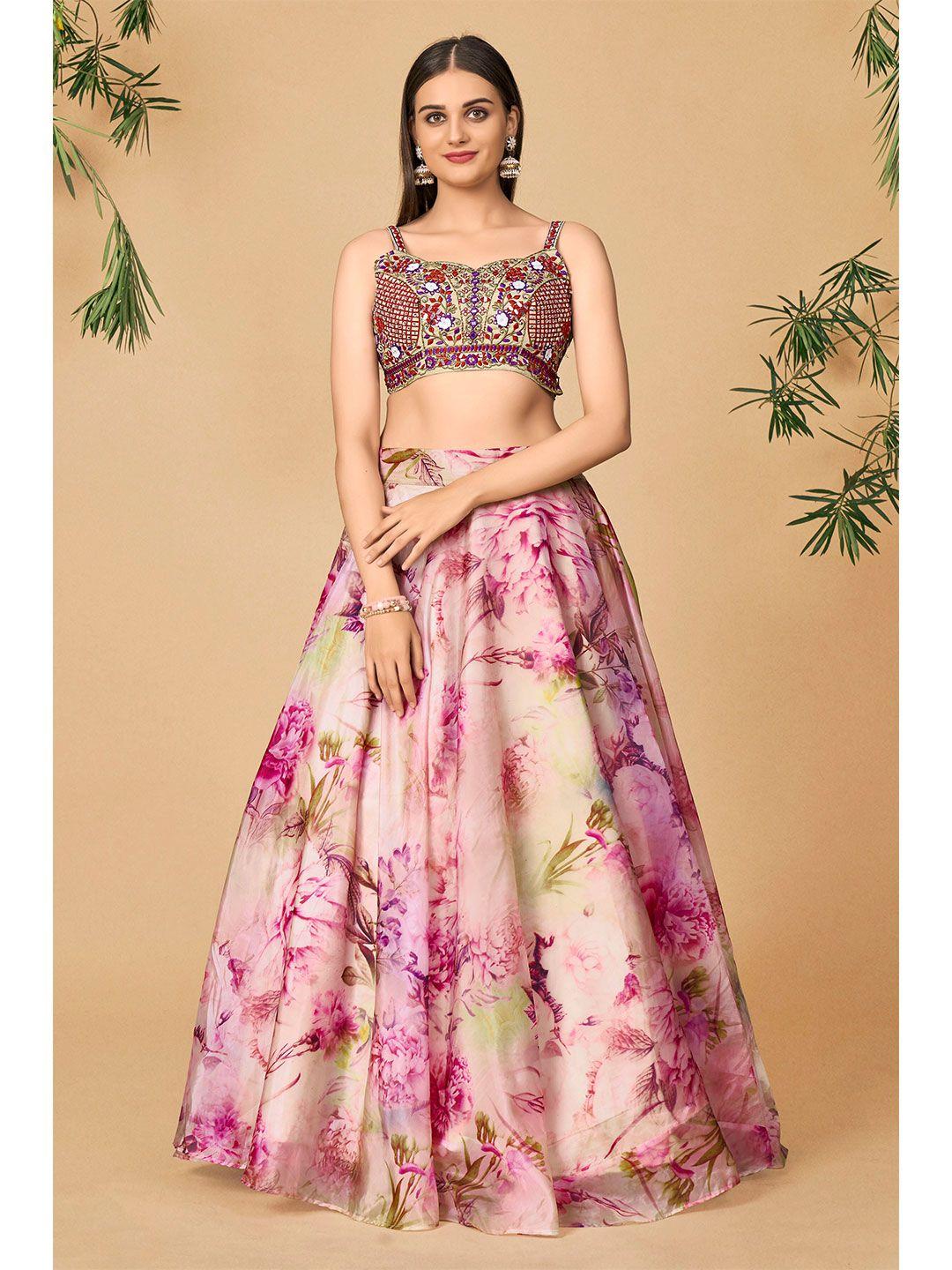 dresstive beige & purple embroidered mirror work ready to wear lehenga & blouse with dupatta