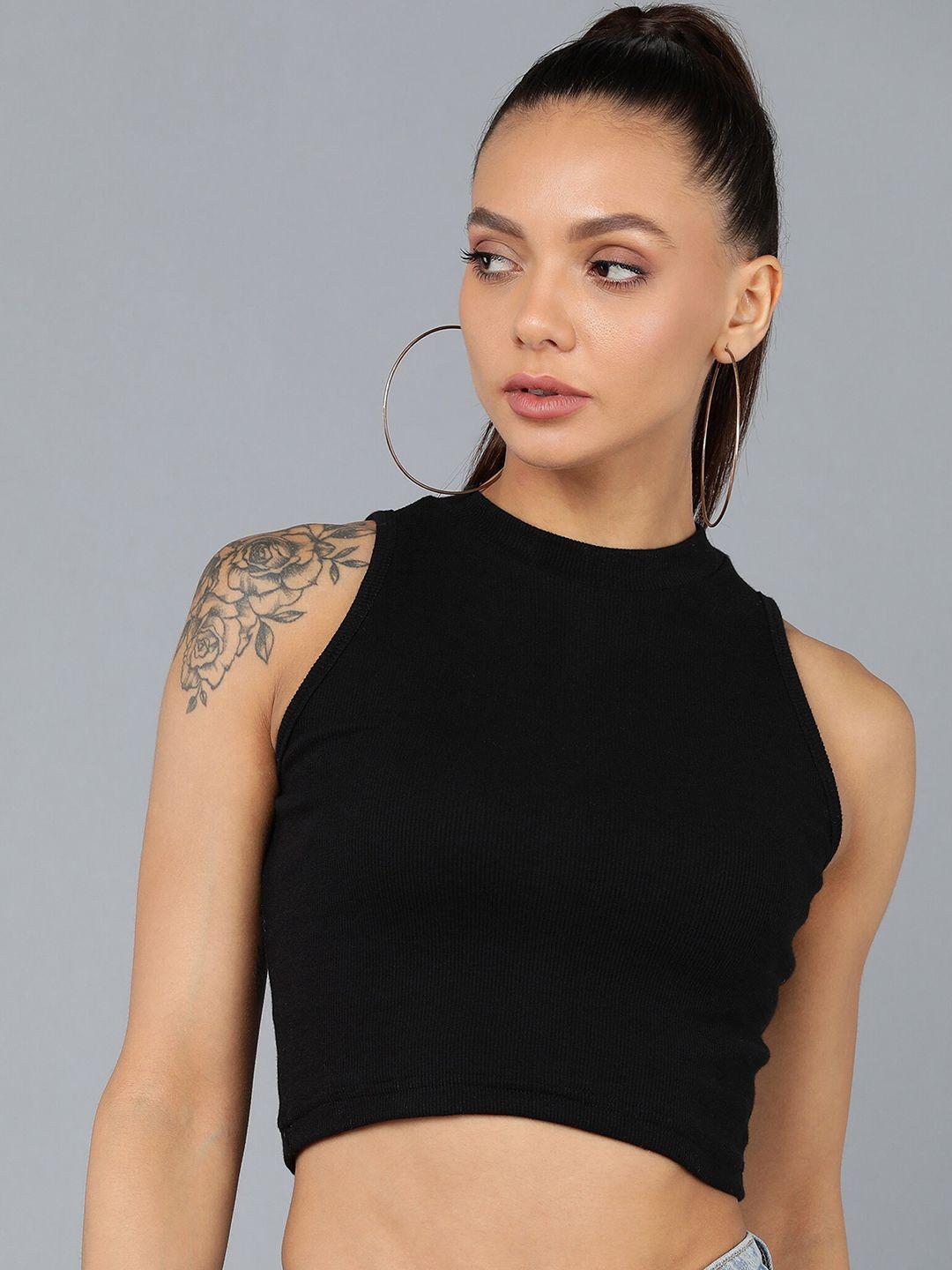 rock paper scissors black solid halter neck fitted crop top