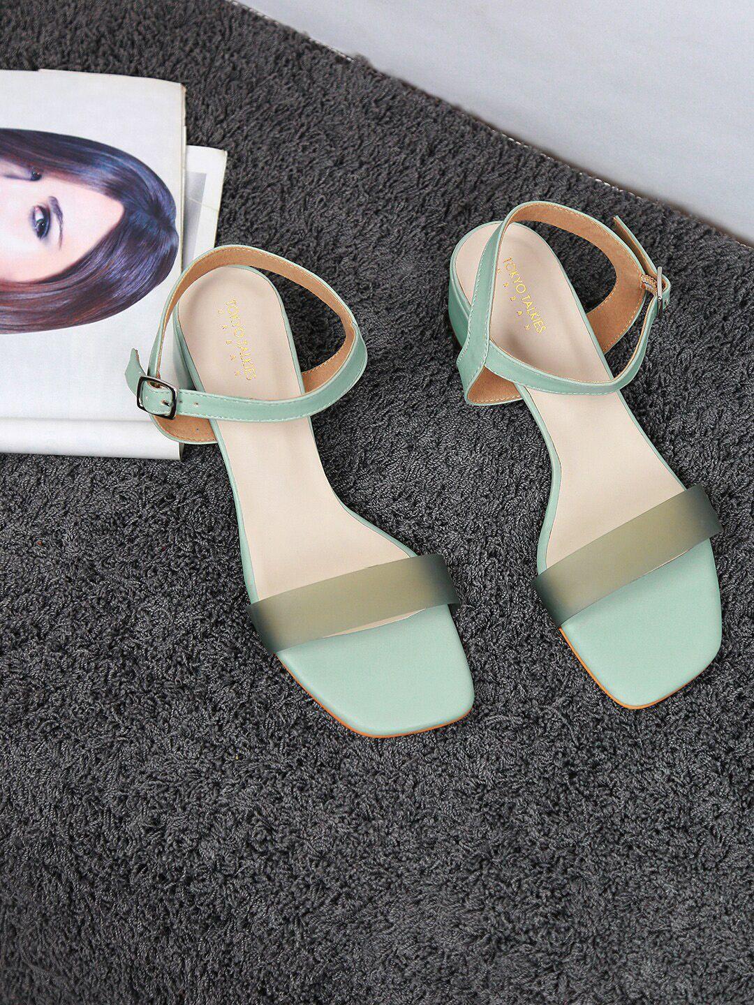 tokyo talkies women teal solid block open toe heels