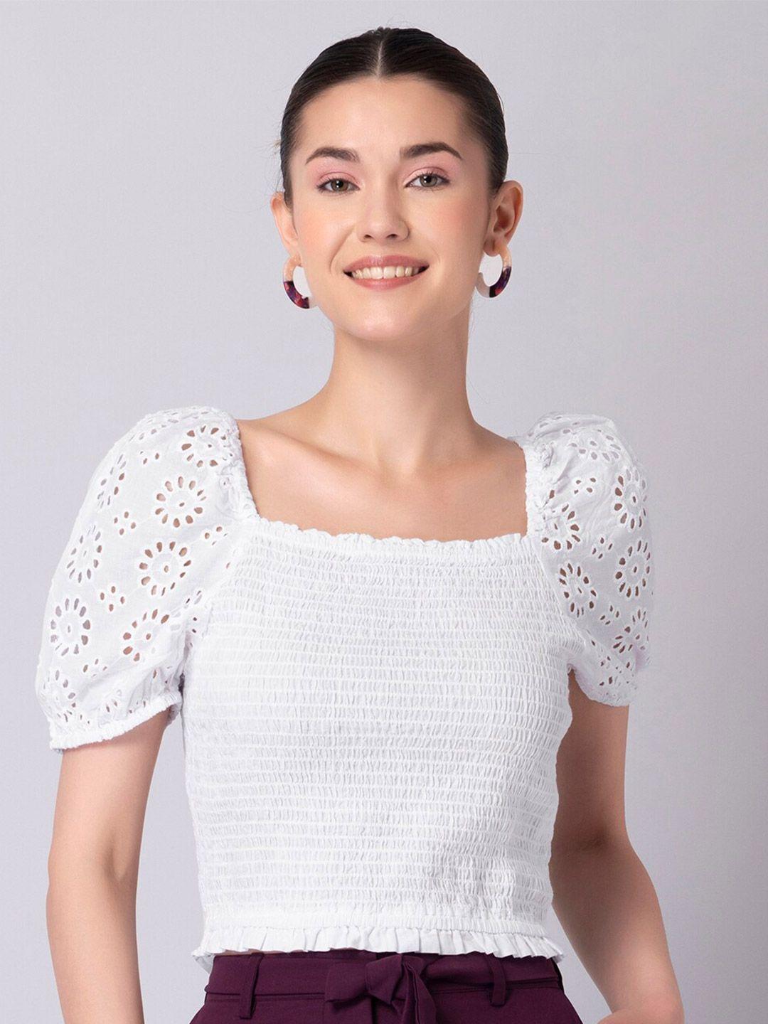 faballey white schiffli  smocked crop square neck top