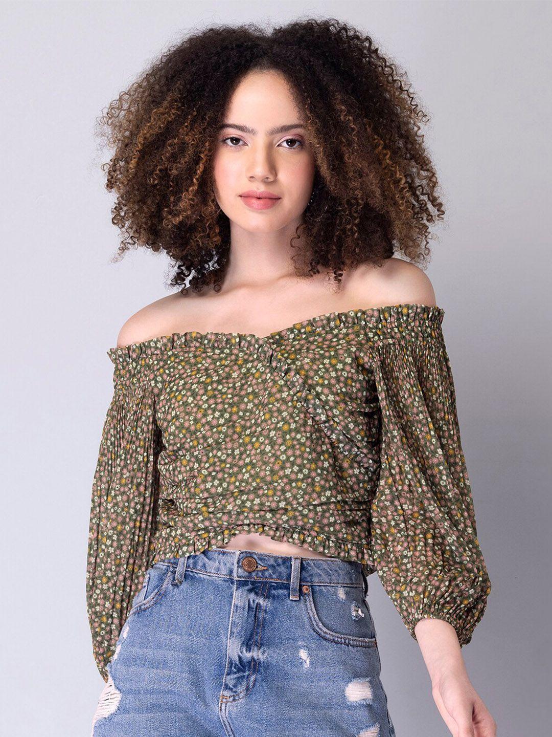 faballey green floral print off-shoulder georgette bardot crop top