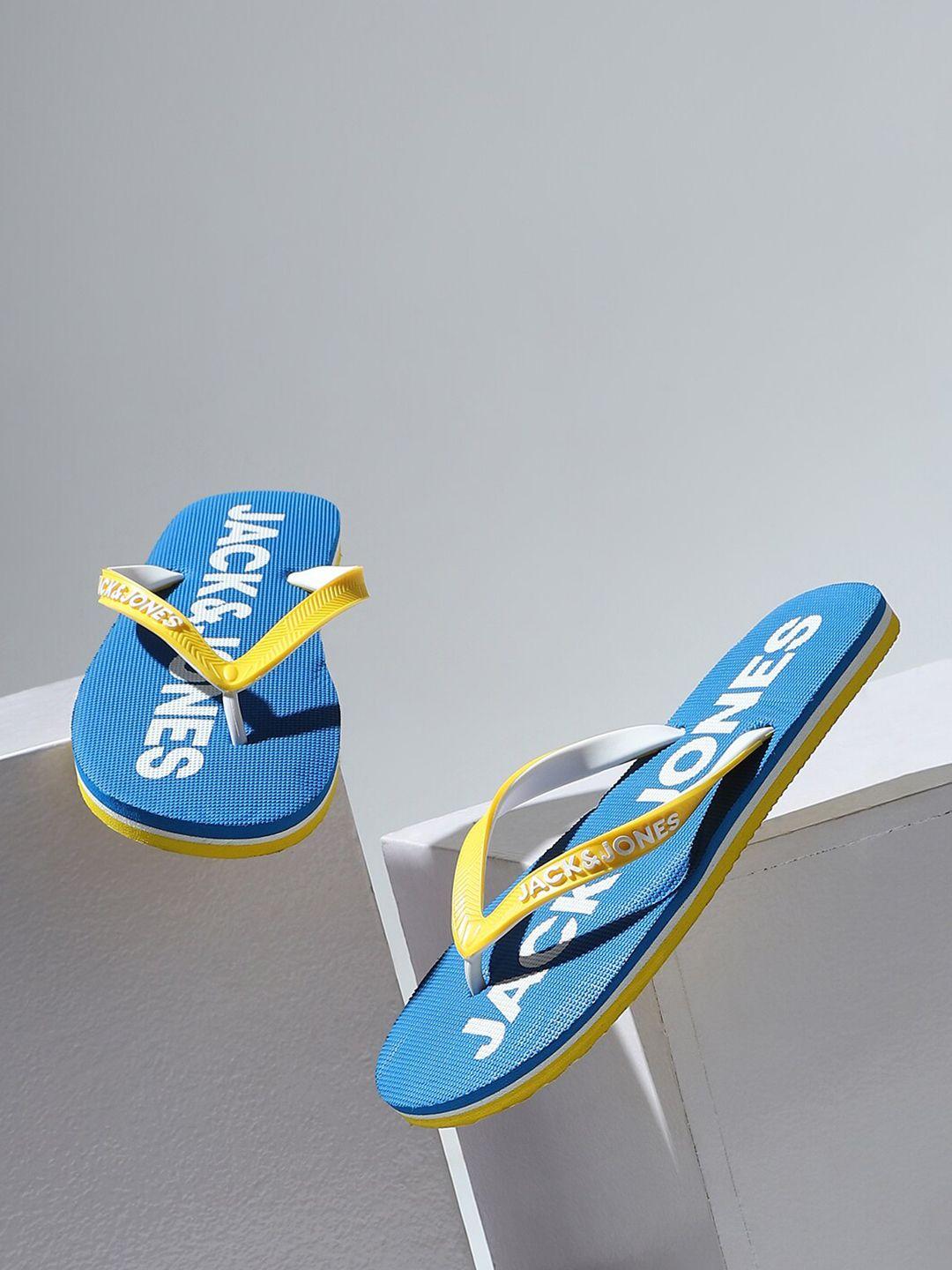 jack & jones men yellow & blue thong flip-flops