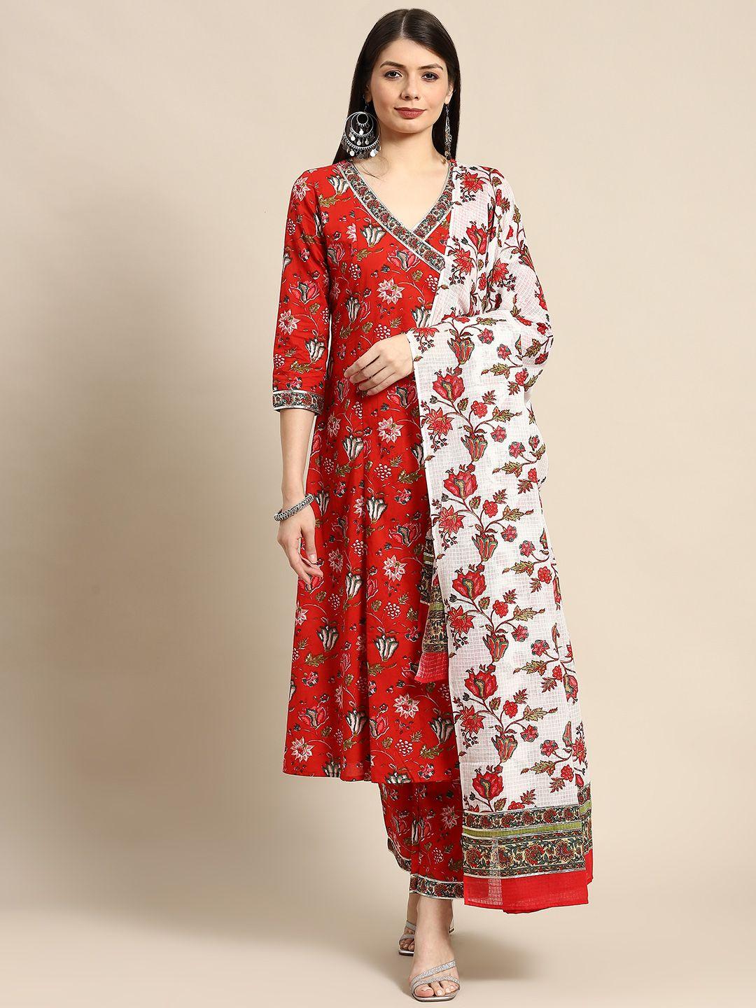 anayna women red ethnic motifs  angrakha pure cotton kurta with trousers & with dupatta