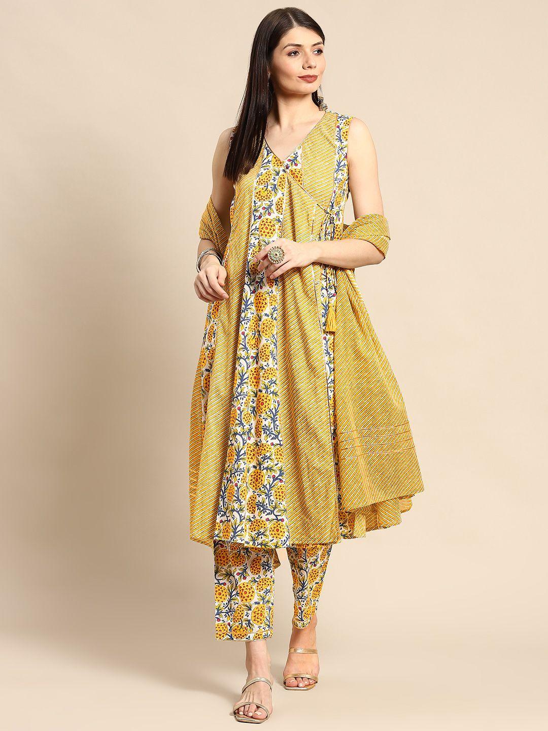 anayna women yellow ethnic motifs angrakha pure cotton kurta with trousers & dupatta