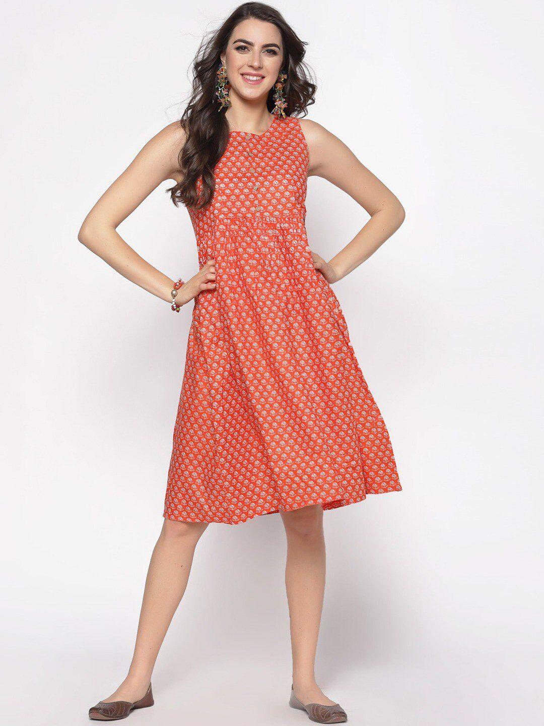 sera orange & white ethnic motifs fit and flare dress