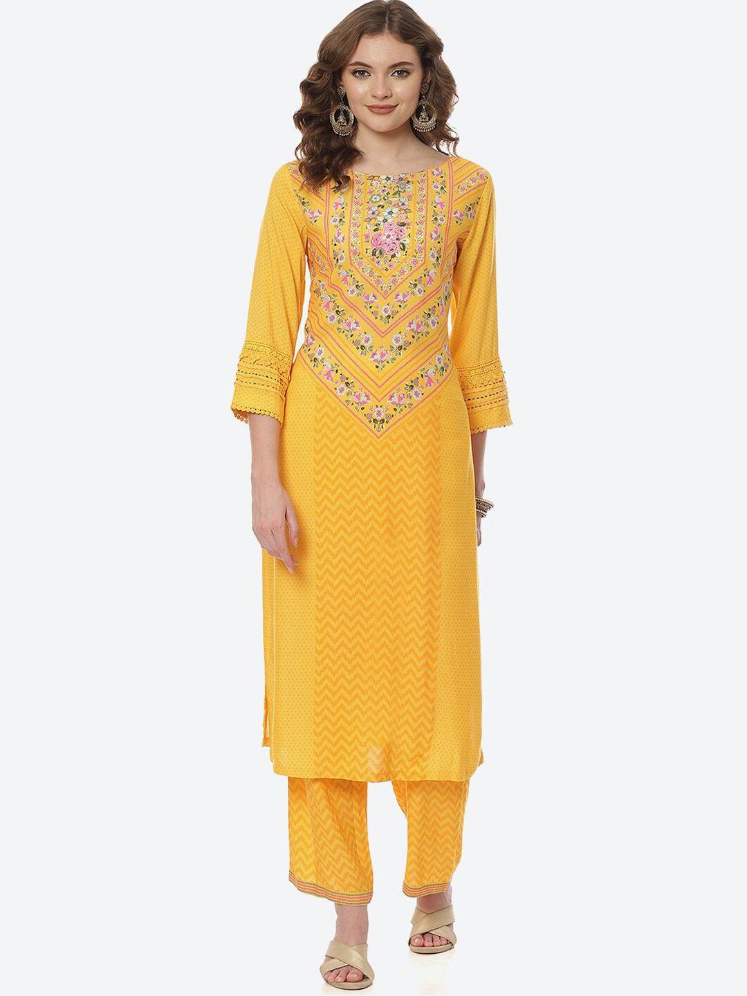 rangriti women yellow chevron printed kurta with palazzos