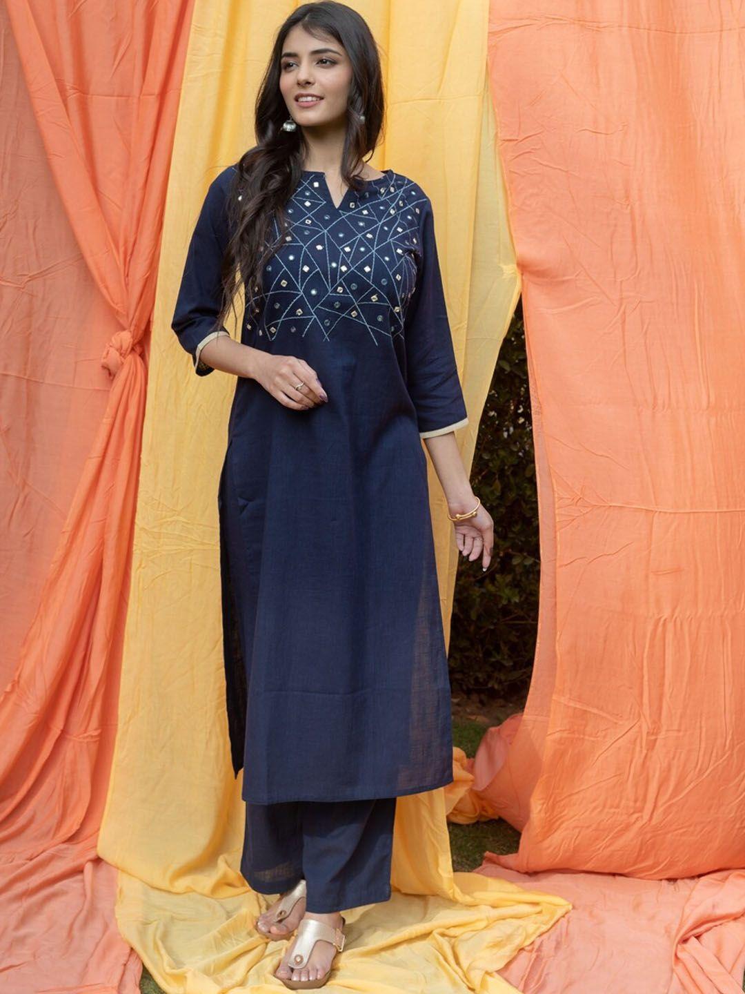 svarchi women navy blue ethnic motifs embroidered pure cotton kurta with palazzos & with dupatta