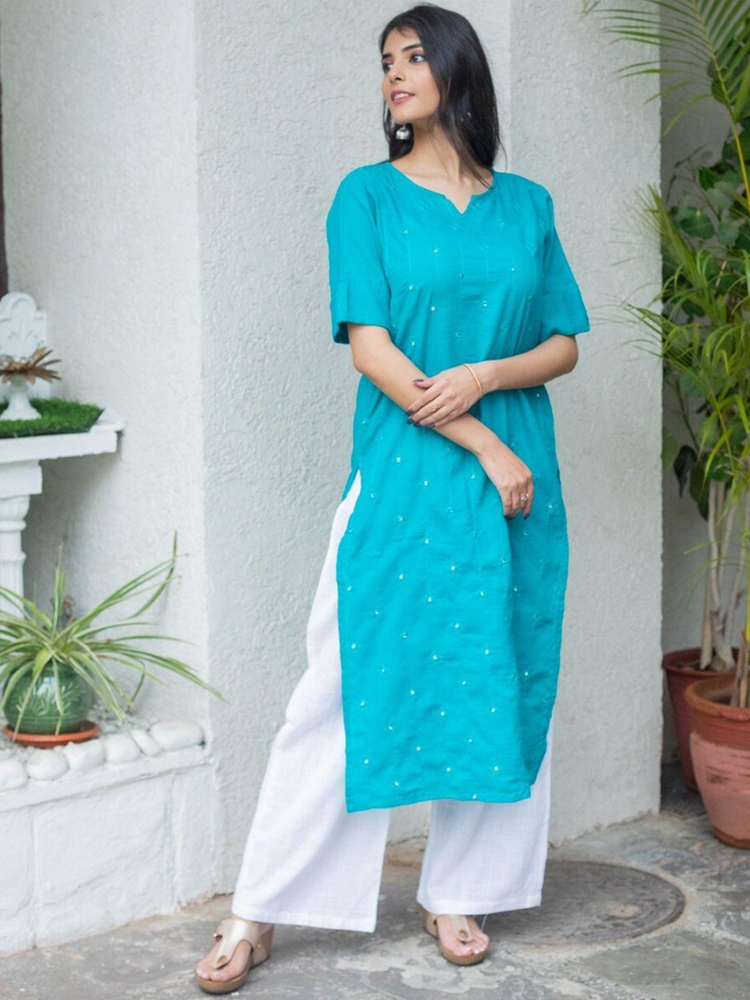 svarchi women turquoise blue floral embroidered layered pure cotton kurta with palazzos