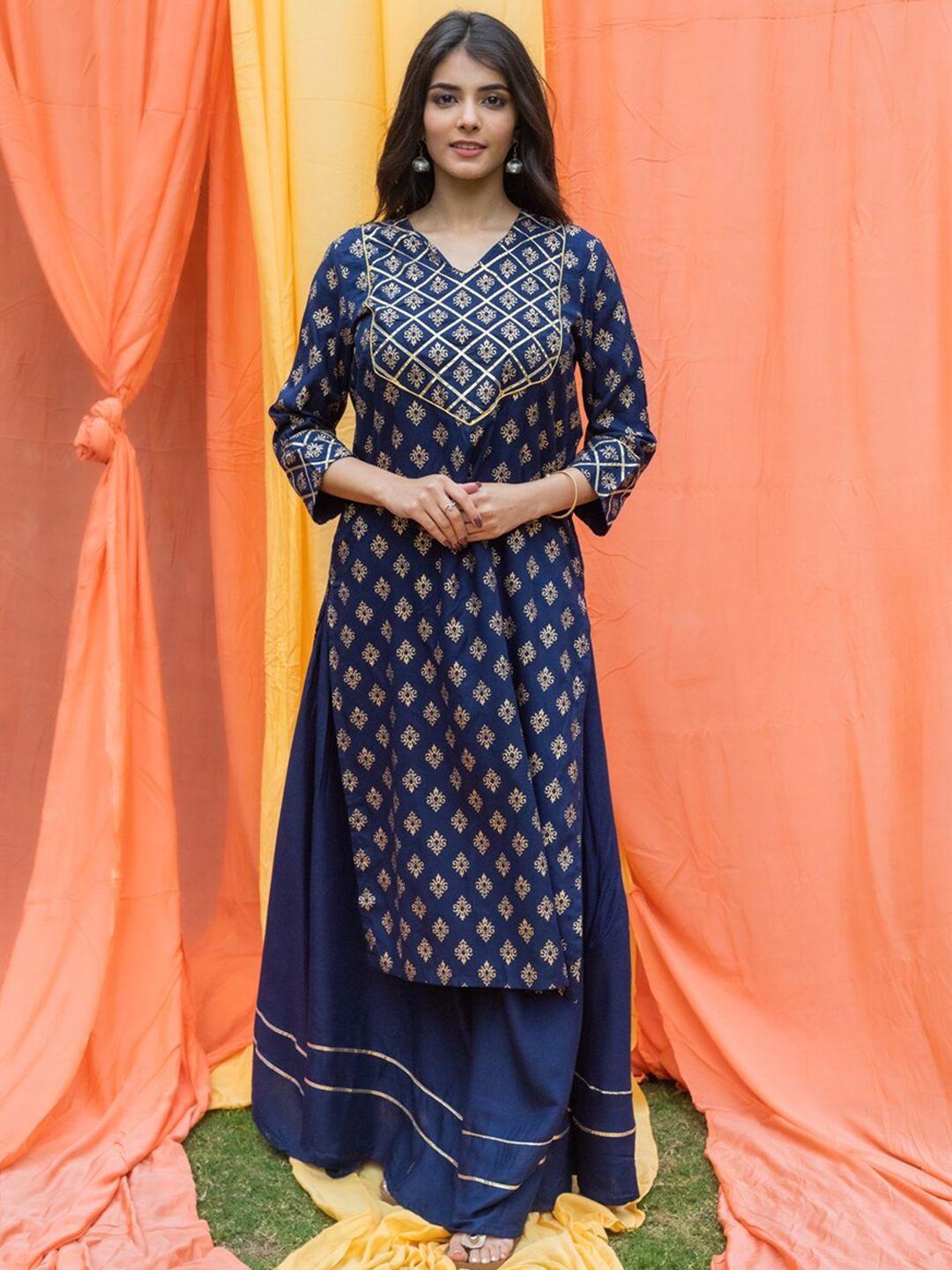 svarchi women navy blue ethnic motifs regular kurta with skirt