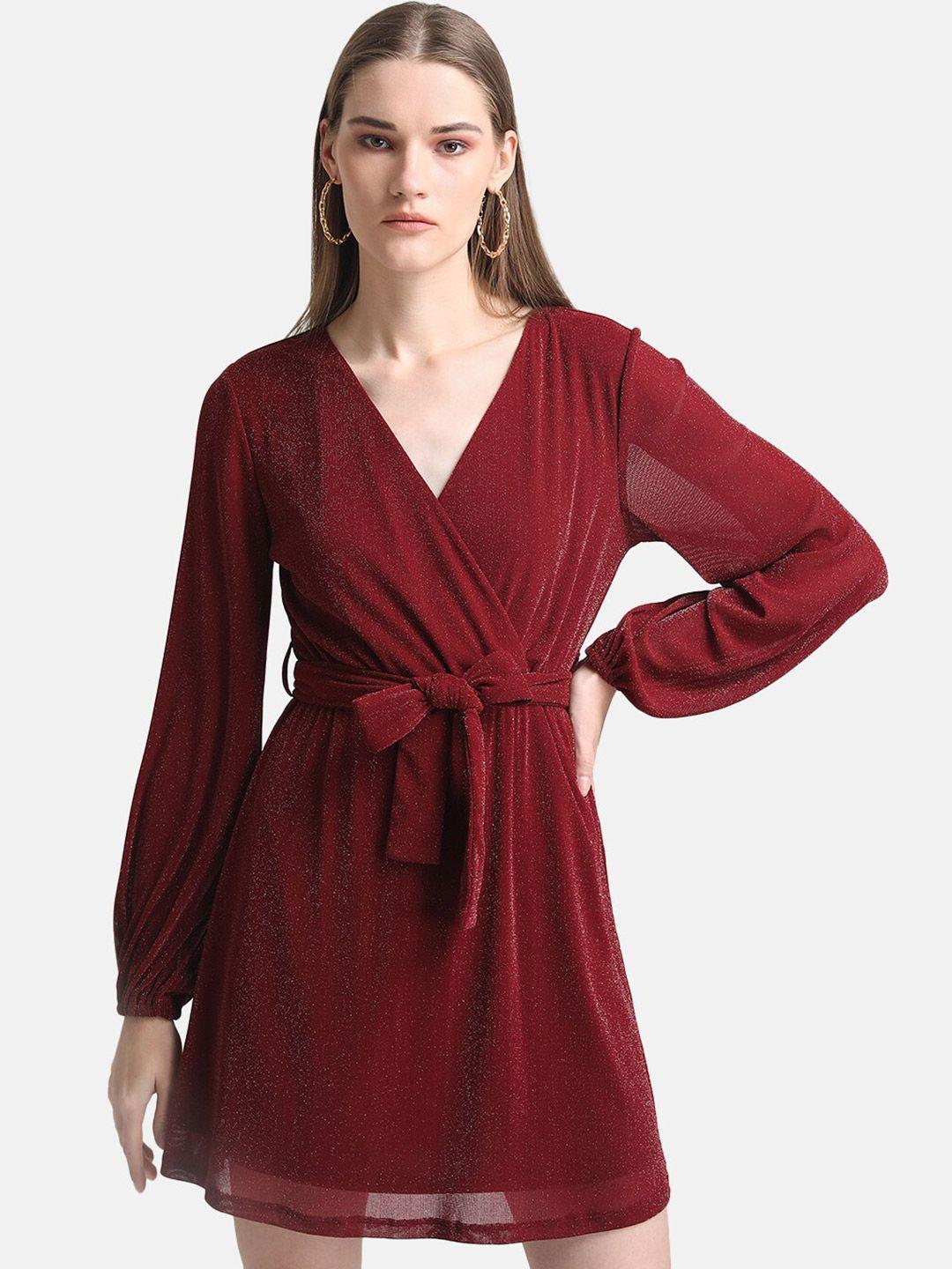 kazo maroon embellished sheen lurex mesh wrap dress