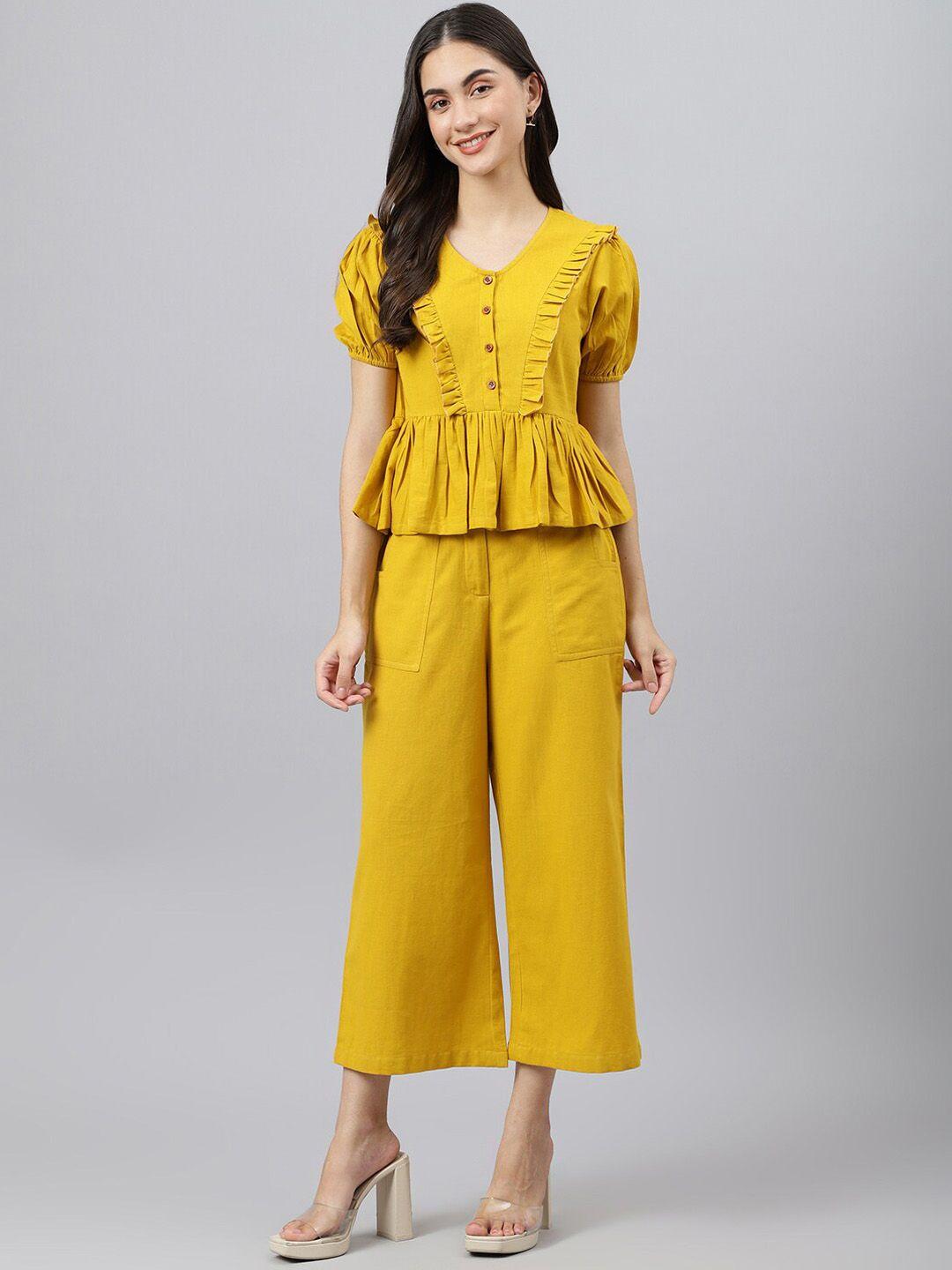 deebaco women yellow solid cotton co-ords