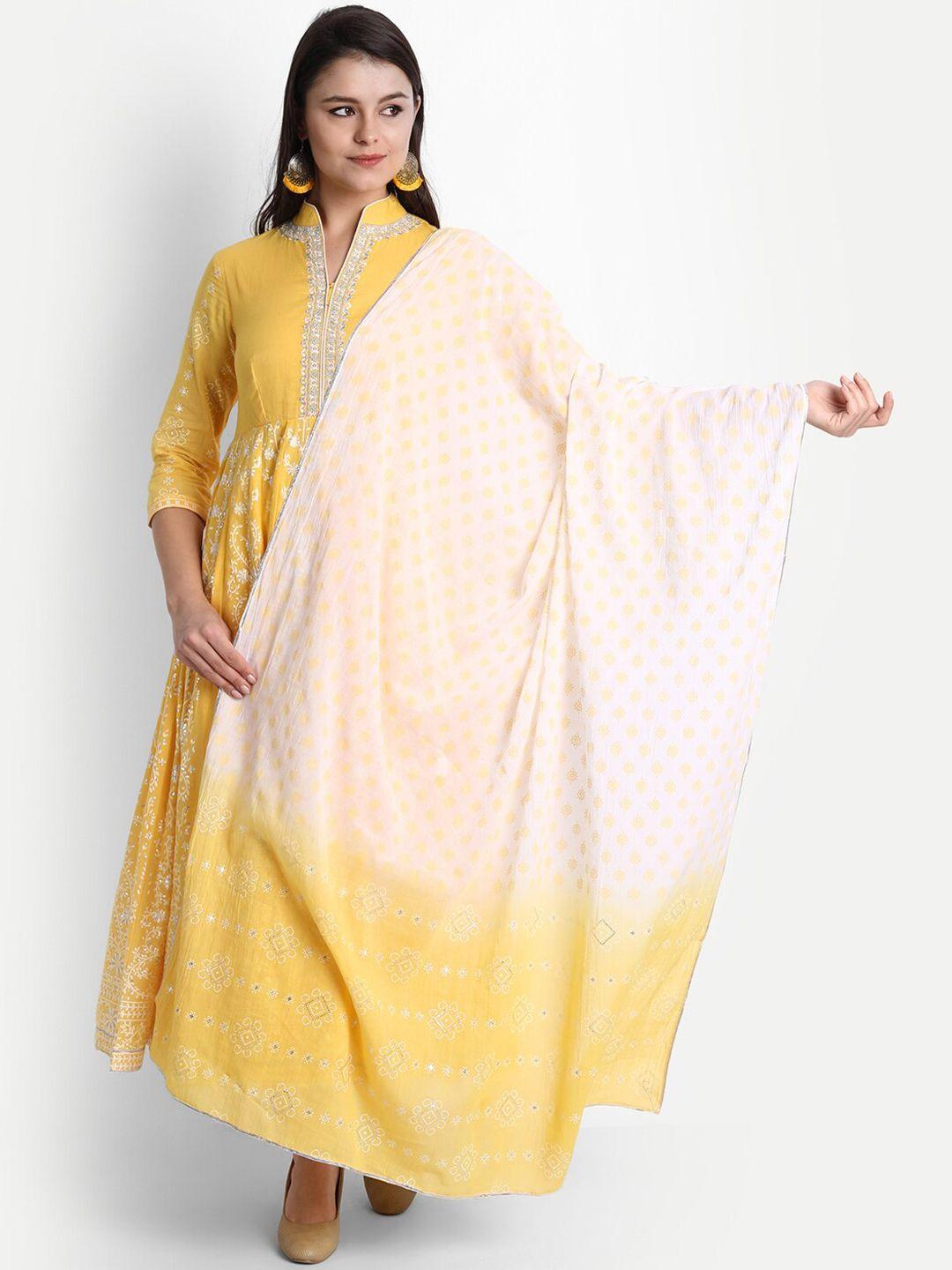 shereen women yellow ethnic motifs embroidered pure cotton kurta with churidar & with dupatta