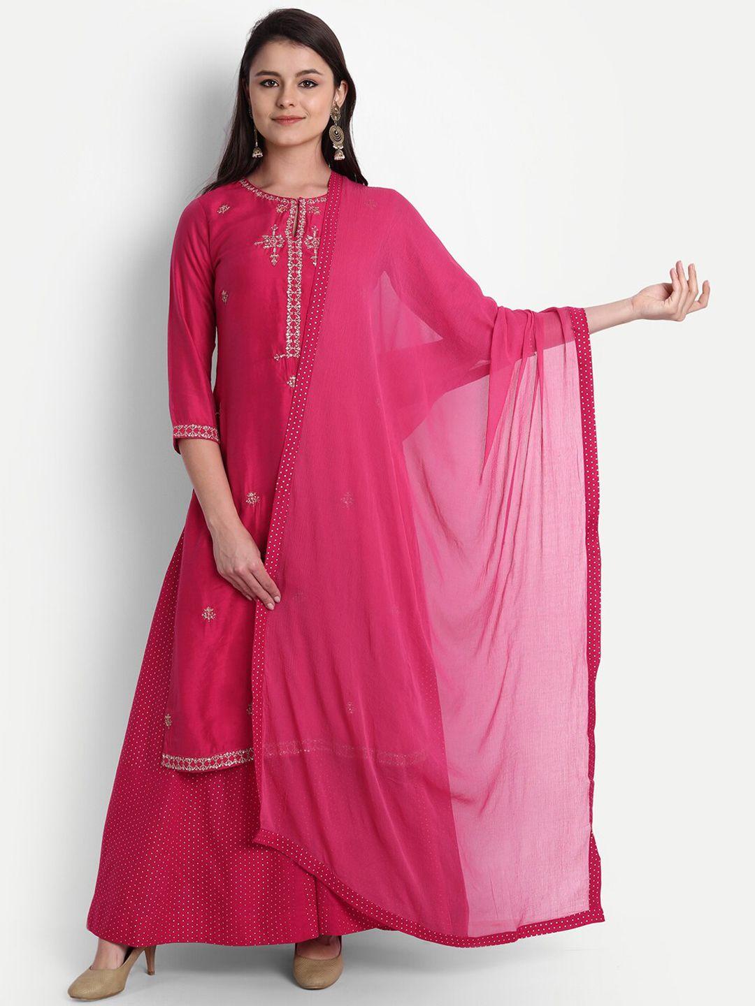 shereen women fuchsia embroidered kurta with palazzos & with dupatta