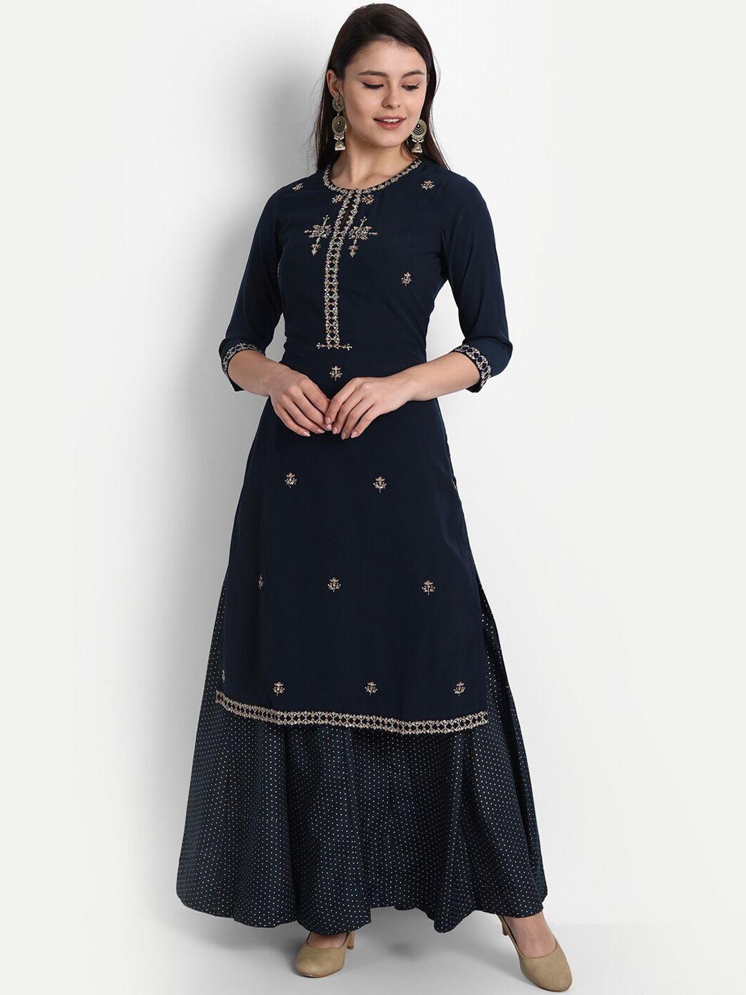 shereen women navy blue thread work kurta with palazzos & with dupatta