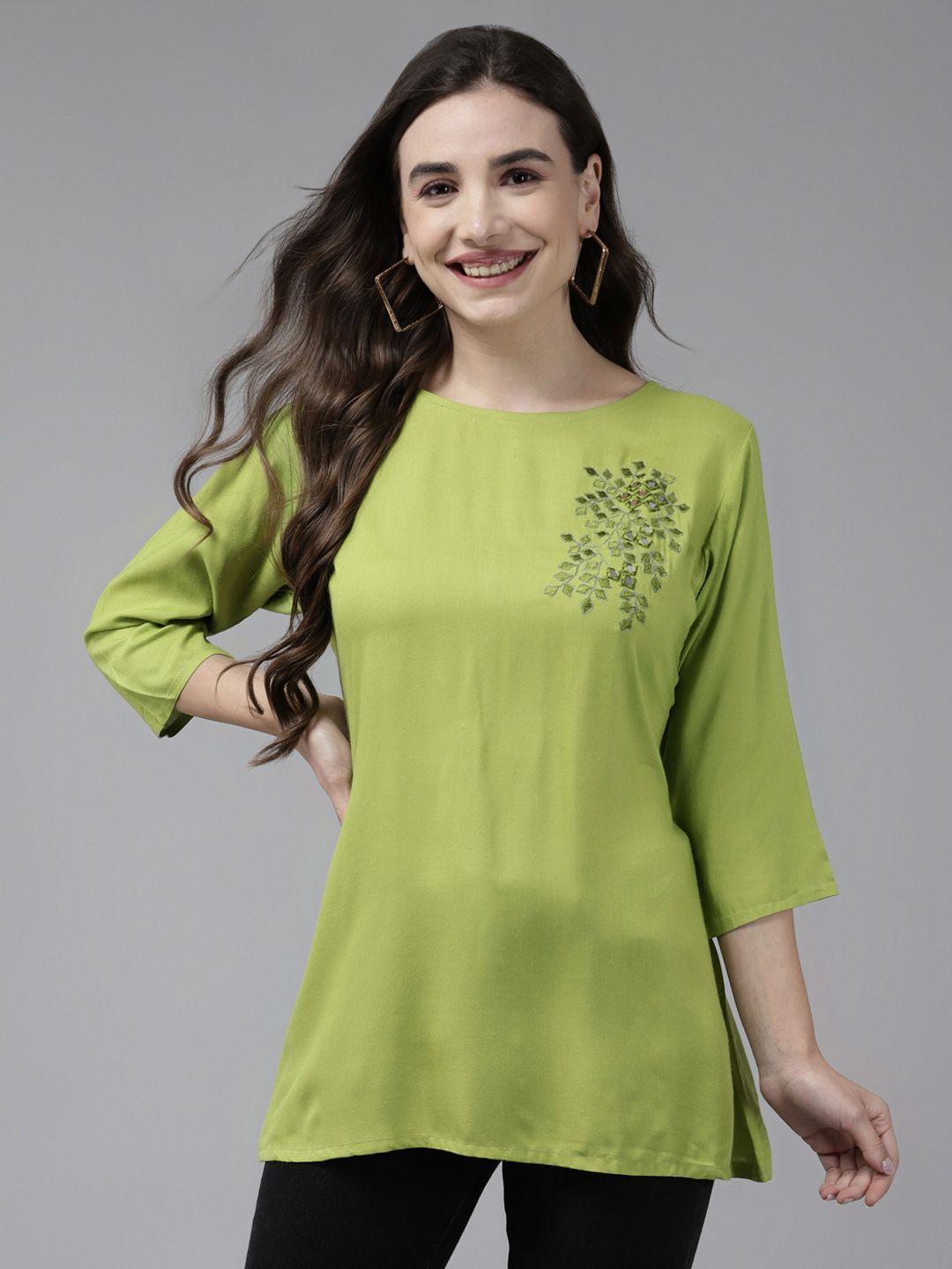 aarika lime green geometric embroidered georgette top