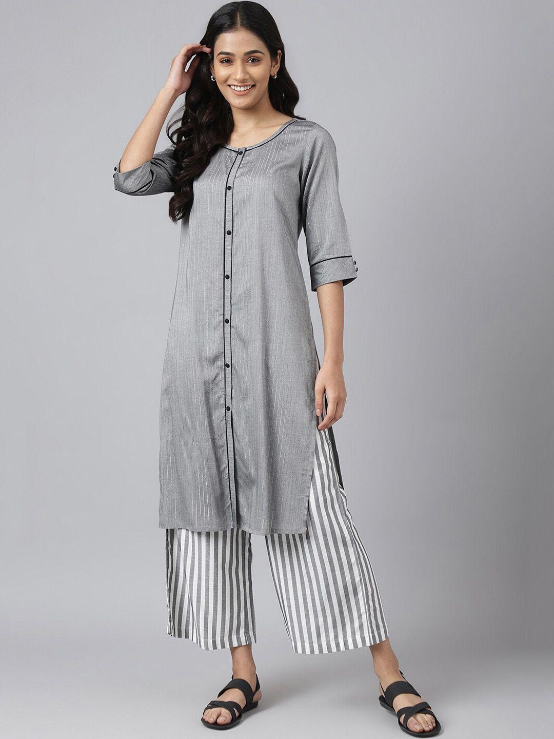 aurelia women grey striped kurta with palazzos