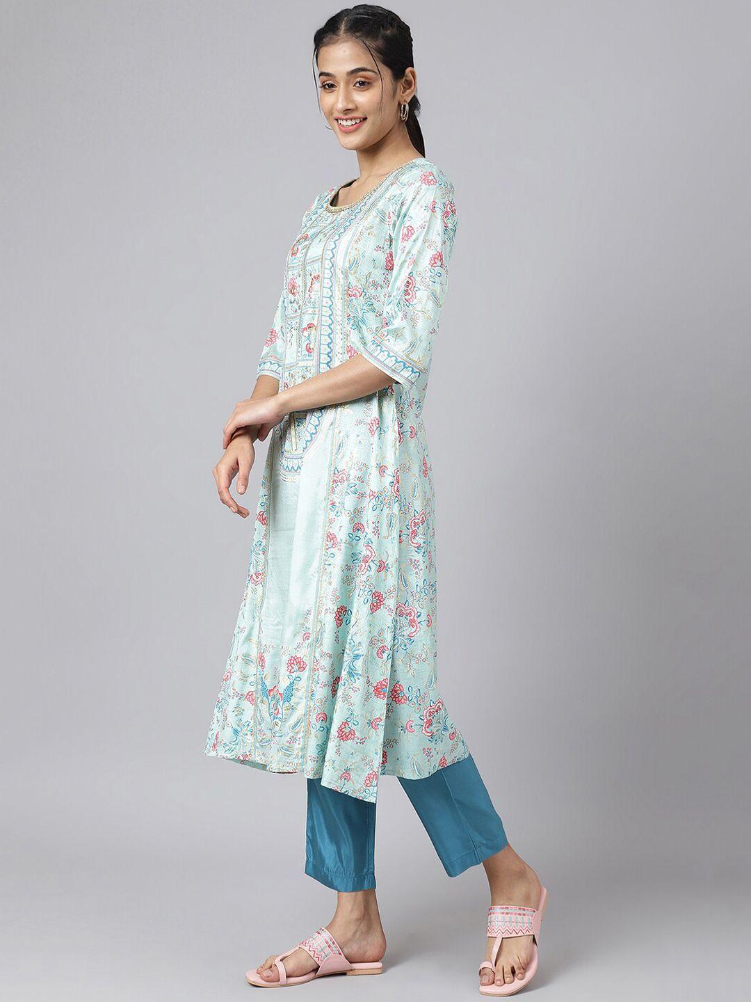 aurelia women green floral printed kurta with trousers & with dupatta