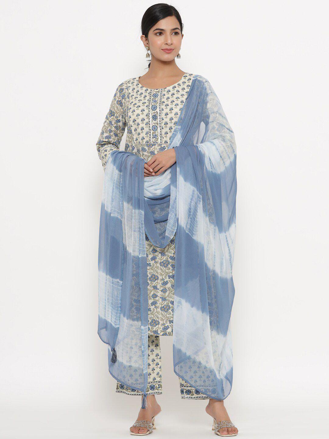 do dhaage women blue floral printed pure cotton kurta with trousers & with dupatta