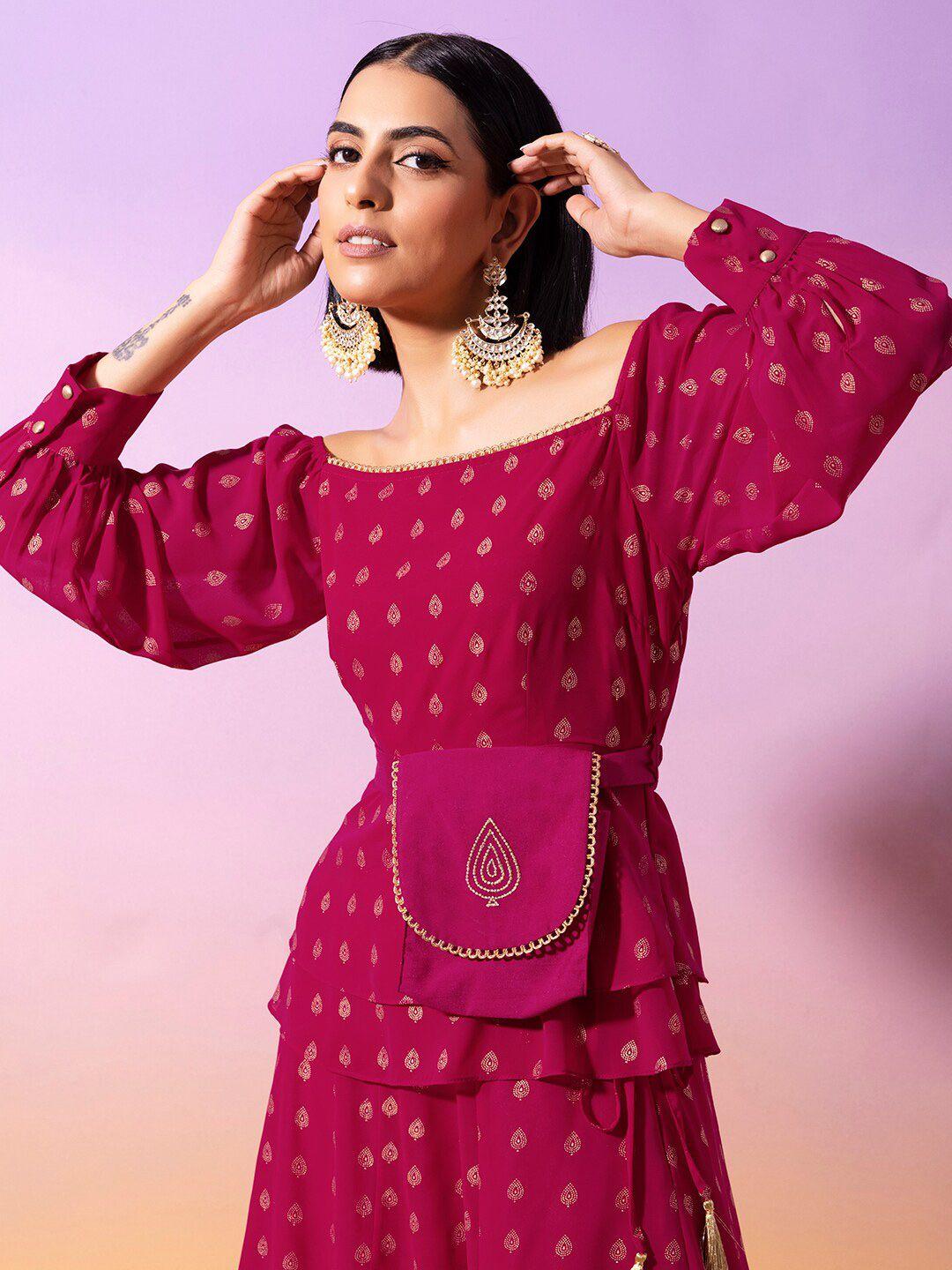 indya magenta & gold-toned printed off-shoulder georgette top with fanny pack