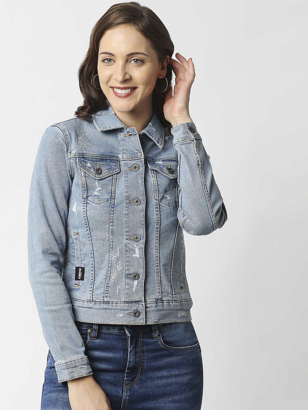 pepe jeans women blue washed crop denim jacket