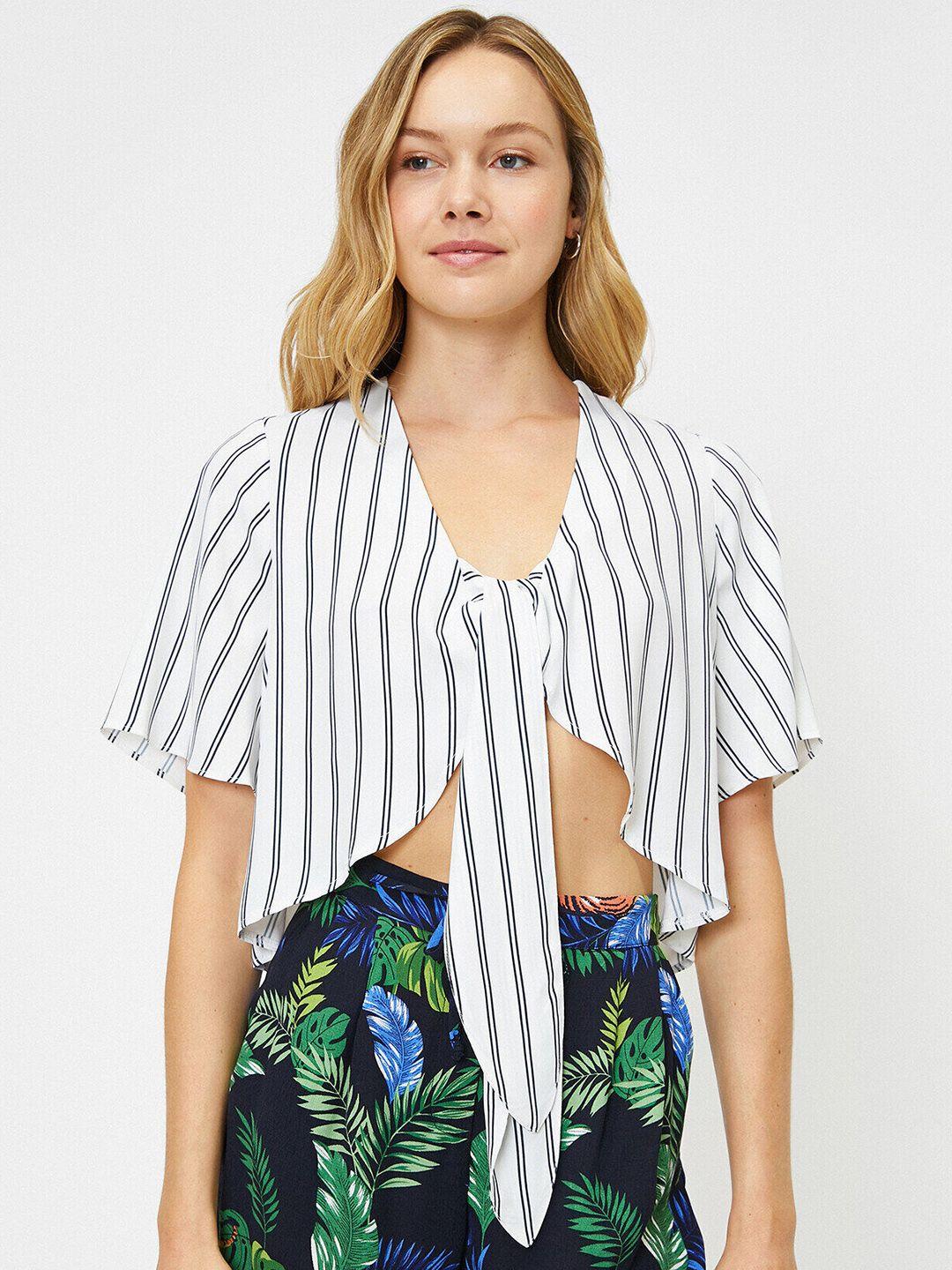 koton white & navy blue striped tie-up neck crop top