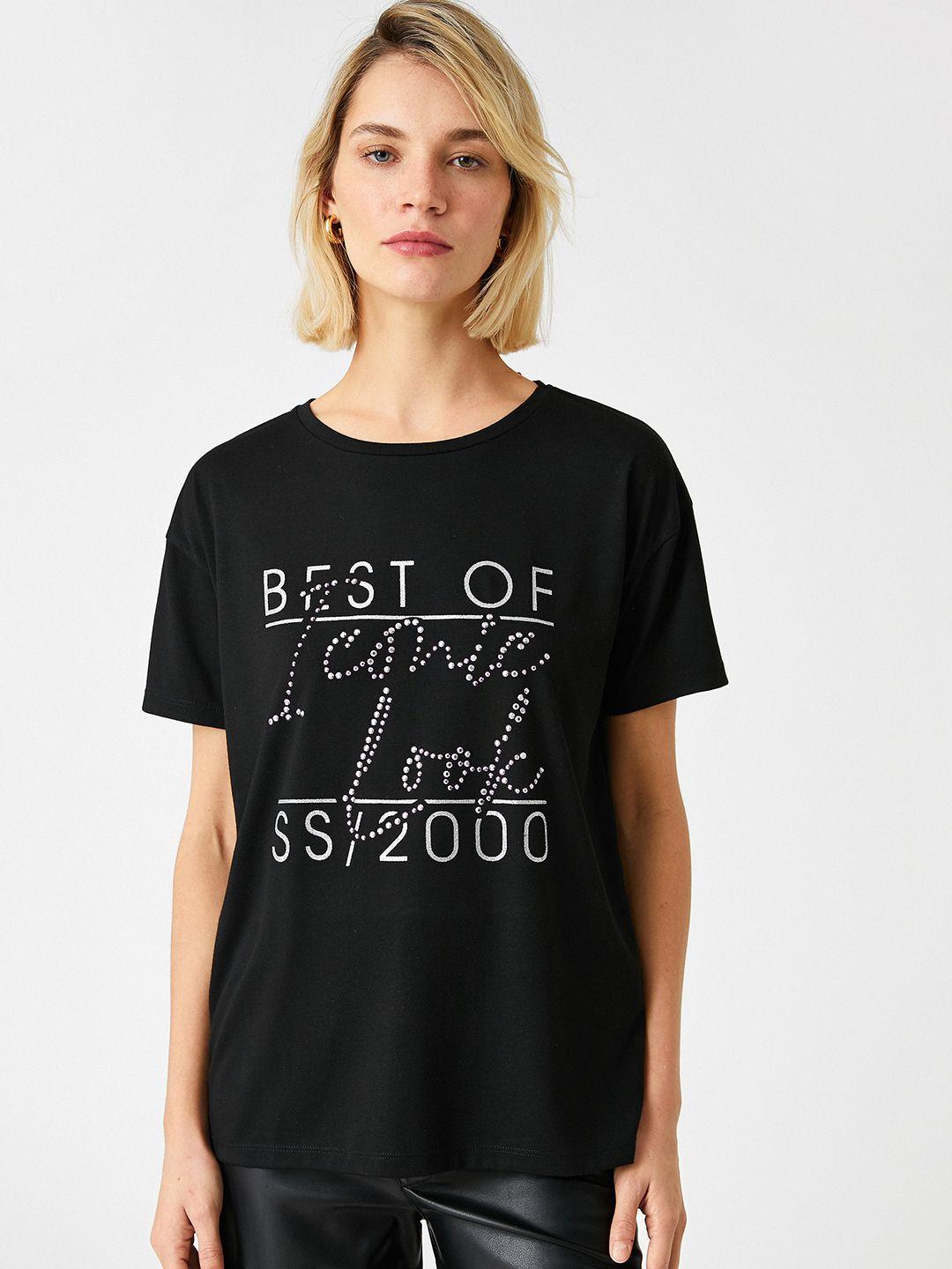 koton women black typography printed t-shirt