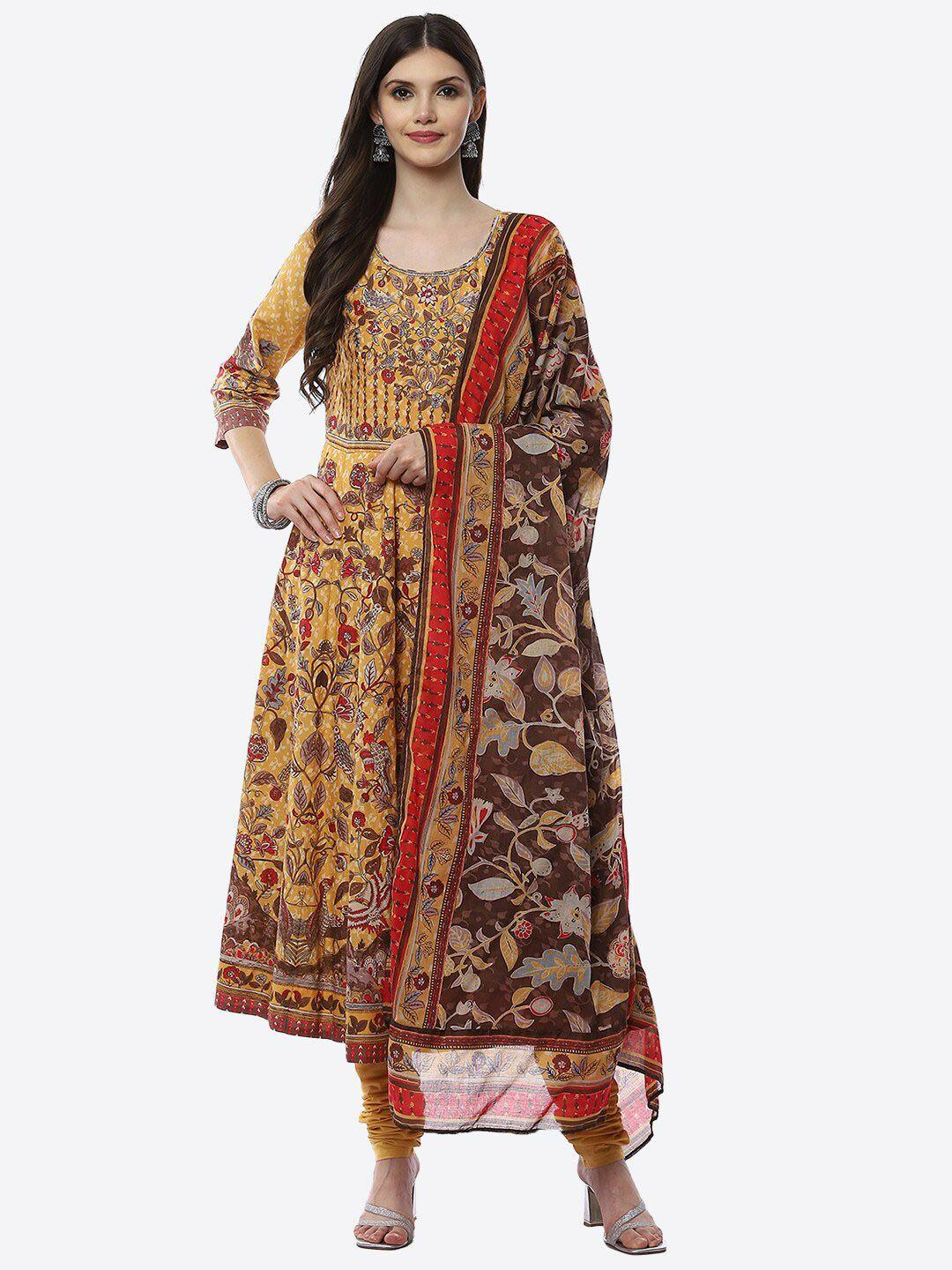 biba women yellow ethnic motifs printed empire kurta with churidar & with dupatta