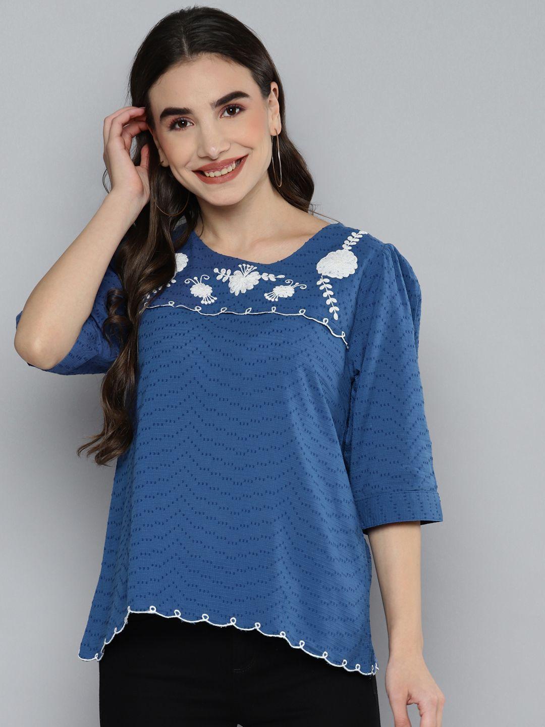 scoup blue & white pure cotton floral embroidered top